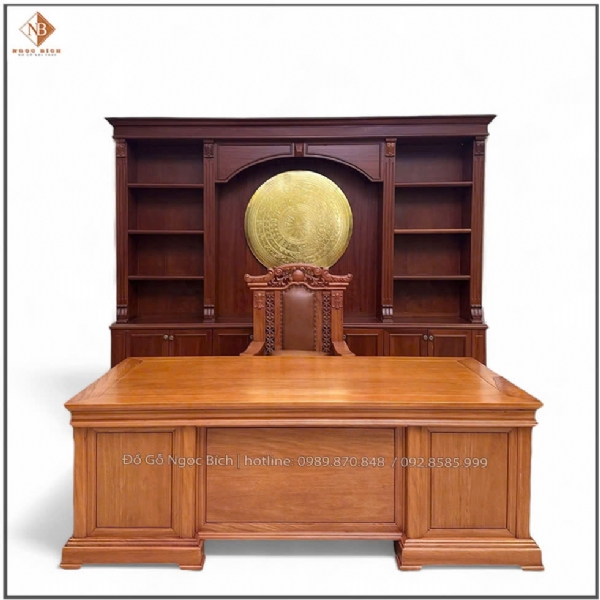 Bàn làm việc dài 217cm mẫu Hiện Đại 2 chất liệu gỗ gõ đỏ