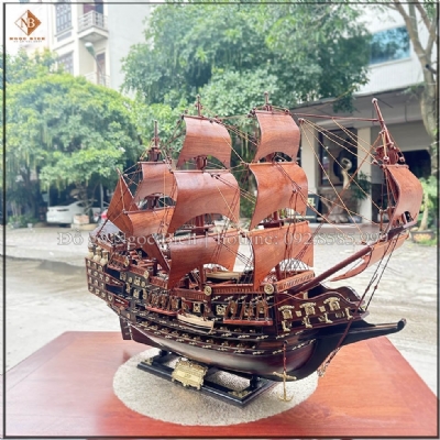 Thuyền buồm cổ thân gỗ trắc buồm gỗ hương dài 60cm 