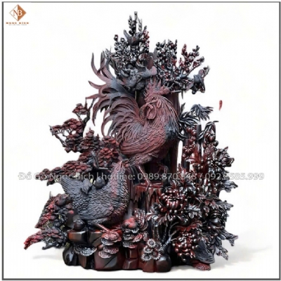 Tượng gia đình gà gỗ trắc 