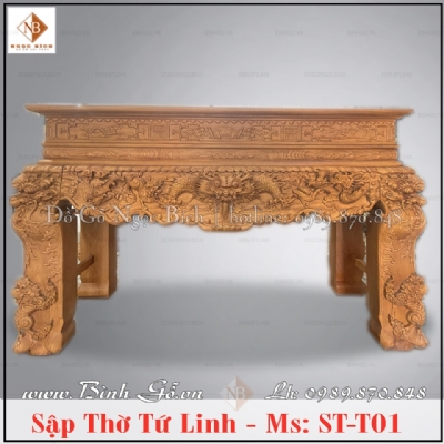 Sập thờ Tứ Linh gỗ gõ đỏ chân 24cm