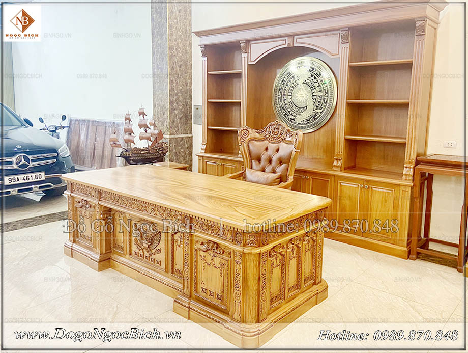 Combo Bàn làm việc của Chủ tịch mẫu tân cổ điển gỗ tự nhiên. Gồm: Bàn làm việc mẫu tổng thống mỹ, Bàn phụ mẫu TT Mỹ, Ghế lãnh đạo, tủ tài liệu