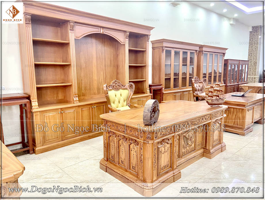 Bàn làm việc của chủ tịch mẫu tân cổ điển đẹp gỗ tự nhiên, kích thước: D217*R107*C81cm