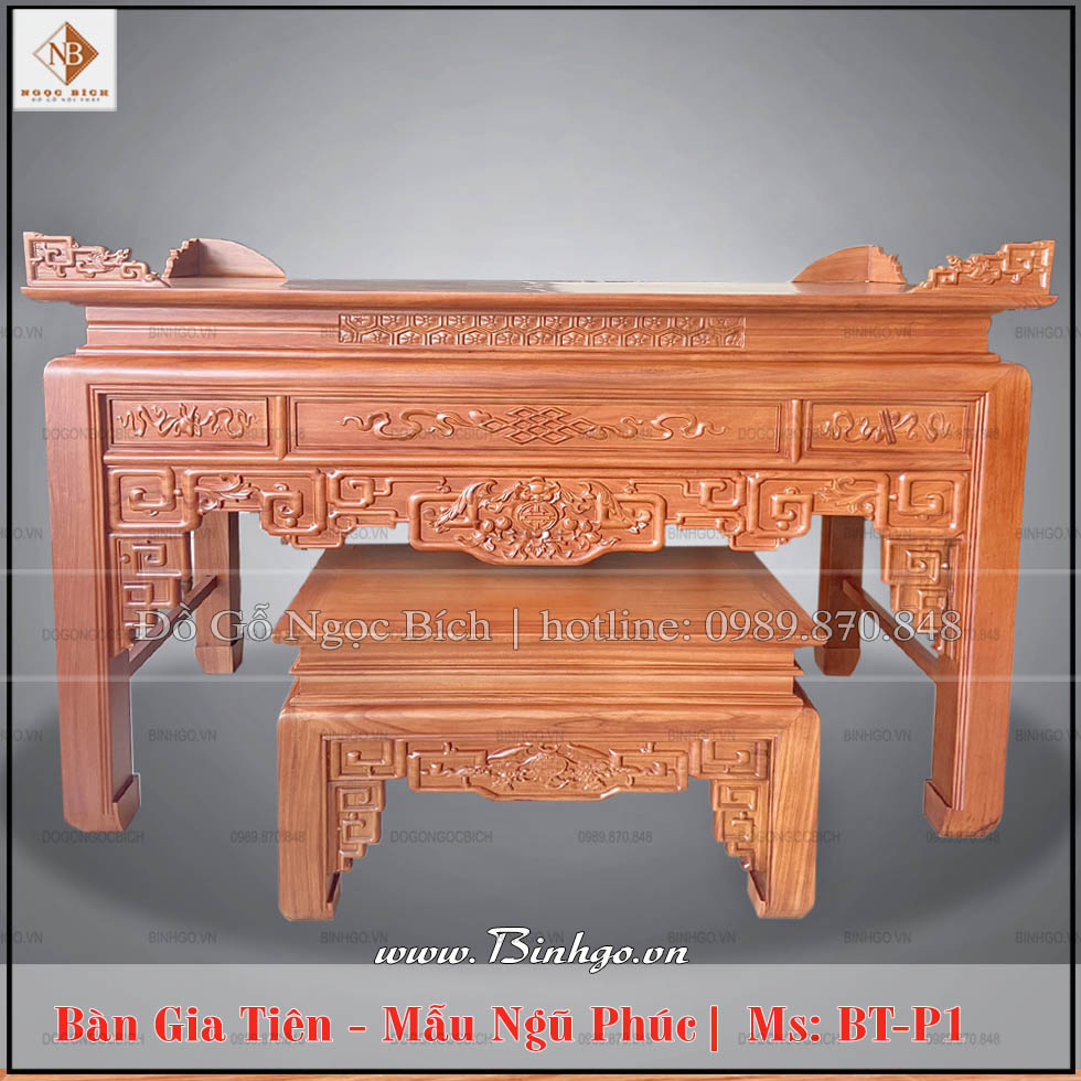 Bàn Thờ gia tiên mẫu ngũ phúc ( Triện Rơi ) kích thước: D217xR107xC127cm. Được làm bằng chất liệu Gỗ Gõ Đỏ cao cấp. Sản phẩm được chụp tại showroom Đồ Gỗ Ngọc Bích