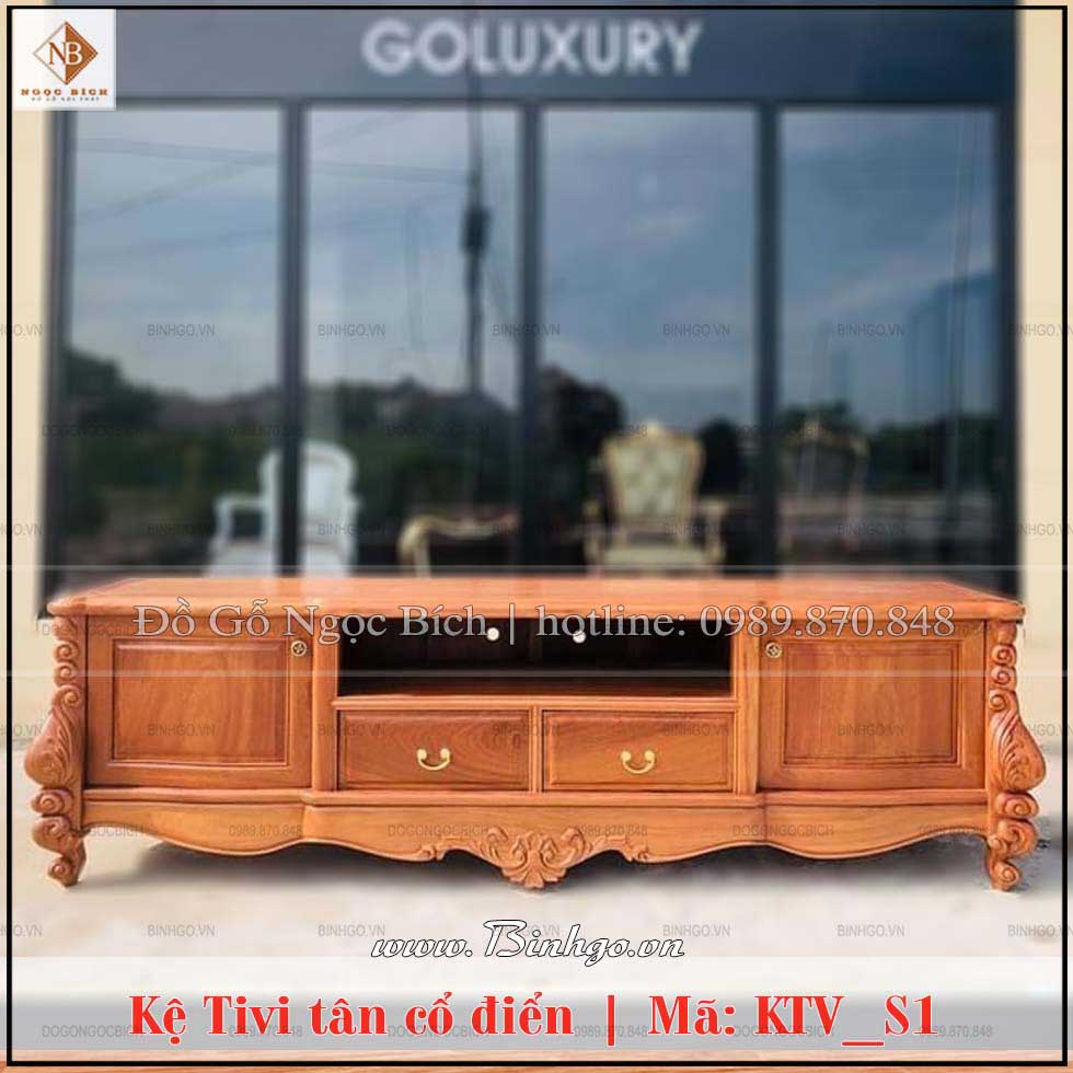 Kệ tivi tân cổ điển gỗ Gõ Đỏ mã: KTV_S1. Kt: D2000*S500*C650 mm