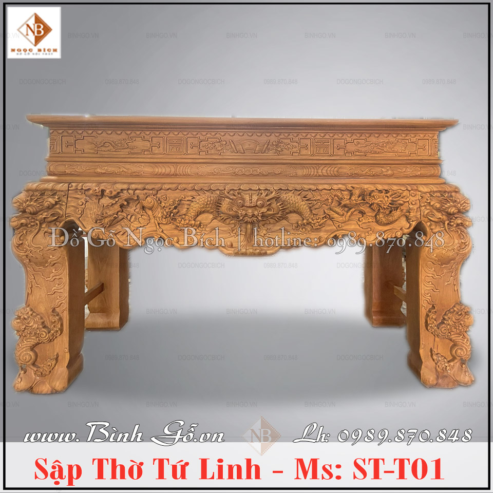 Sập thờ tứ linh gỗ gõ đỏ chân 24cm