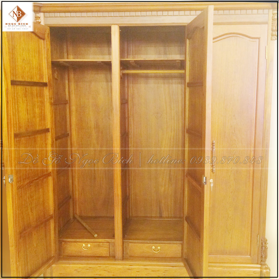 Tủ áo 3 cánh mở gỗ Gõ Đỏ có kích thước: D220xC230xS60cm