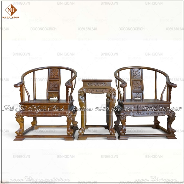 Bộ Bàn Trà 2 Ghế Minh Lưng Tròn Gỗ Hương Đá