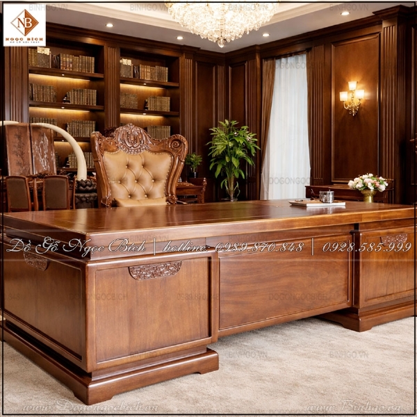 Mẫu Bàn Giám Đốc 2m55 Gỗ Gõ Đỏ Thiết Kế Tối Giản Sang Trọng 2026