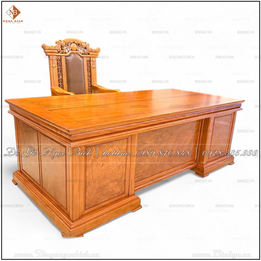 Bàn Làm việc 217cm mẫu Hoa La Tây trơn gỗ tự nhiên