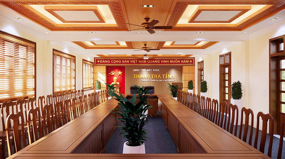 Bàn họp dài là trung tâm của không gian phòng họp trực tuyến