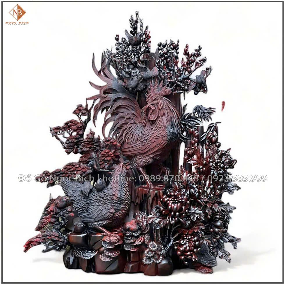 Tượng gia đình gà gỗ trắc 